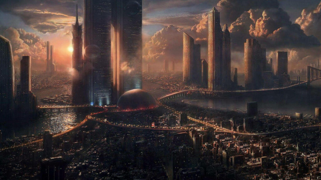 Golden Futuristic Cityscape Aerial View - Stunning Wallpaper Background