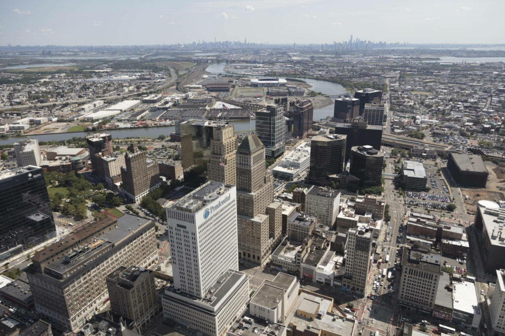 Stunning Aerial View of Newark: Modern & Historic Cityscape Wallpaper