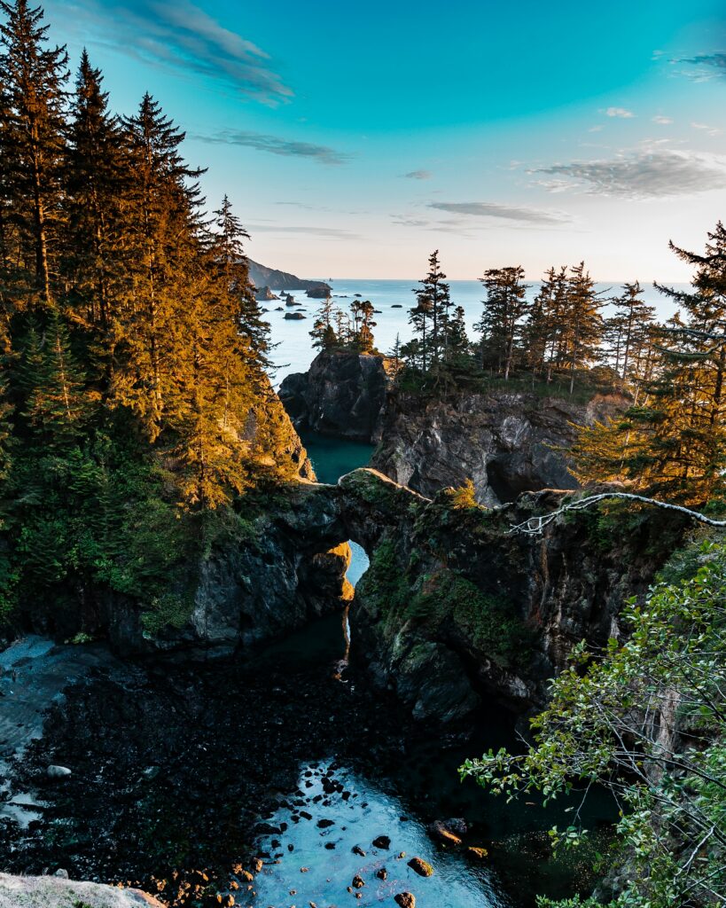 Aerial view of rugged coastline with rocky cliffs lush evergreens and turquoise waters at sunset Wallpaper