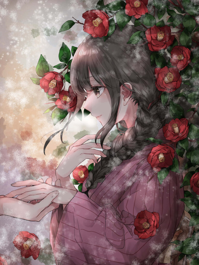 Serene Aesthetic Anime Girl Wallpaper with Blooming Red Roses