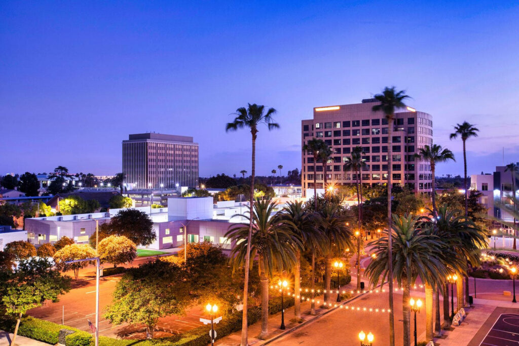 Stunning Anaheim Night View: Illuminated Streets & Palm Trees Wallpaper
