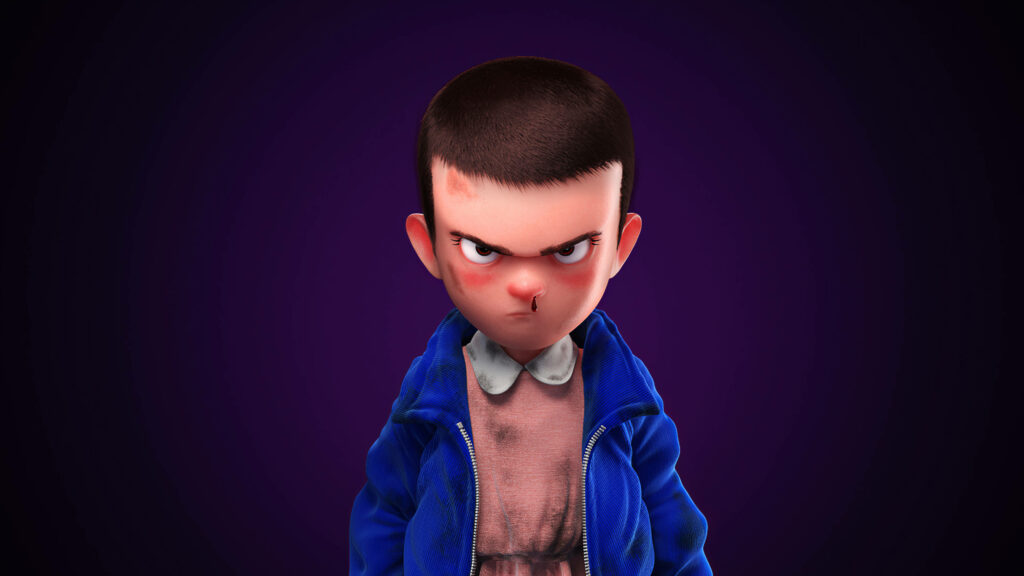 Intense Animated Character in Blue Jacket - Dark Purple Background Wallpaper