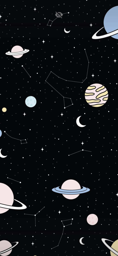 Animated cosmic wallpaper with planets, moons, and starry constellations on a black background.