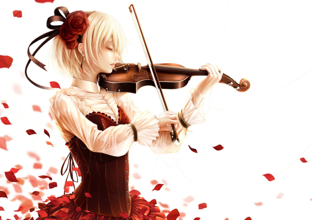 Stunning Anime Girl with Violin & Roses - Elegant Wallpaper Art