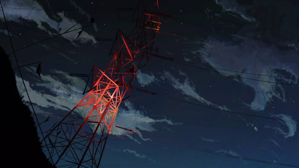 HD Anime Wallpaper: Night Sky with Red Transmission Tower & Clouds