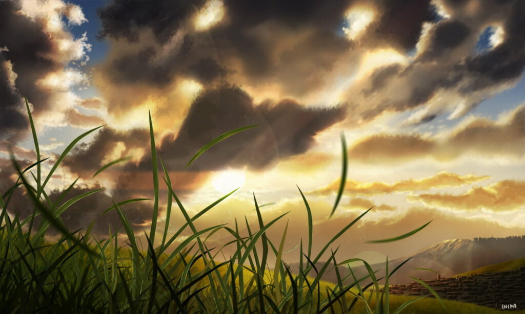 Stunning Anime Landscape HD Wallpaper: Sunset with Dramatic Clouds