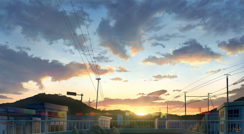 Vibrant Anime Landscape HD Wallpaper: Mountains & Sunset Scene