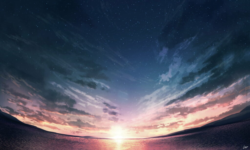 Stunning Anime Landscape HD Wallpaper: Serene Sunset Reflection