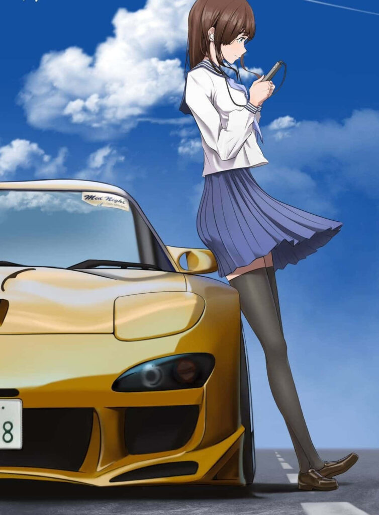 Stunning Anime Wallpaper: Gold Mazda RX-7 & Music Lover Under Blue Sky