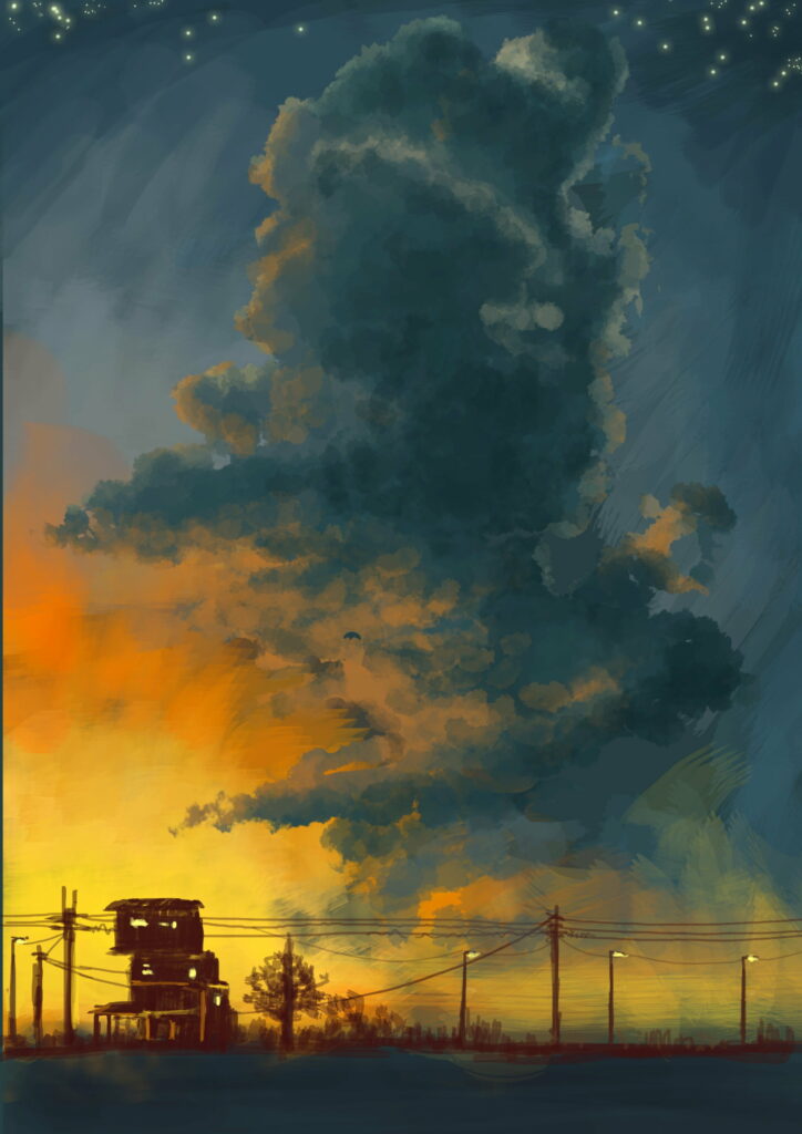 Stunning Anime Wallpaper: Dramatic Sky & Urban Power Lines Background
