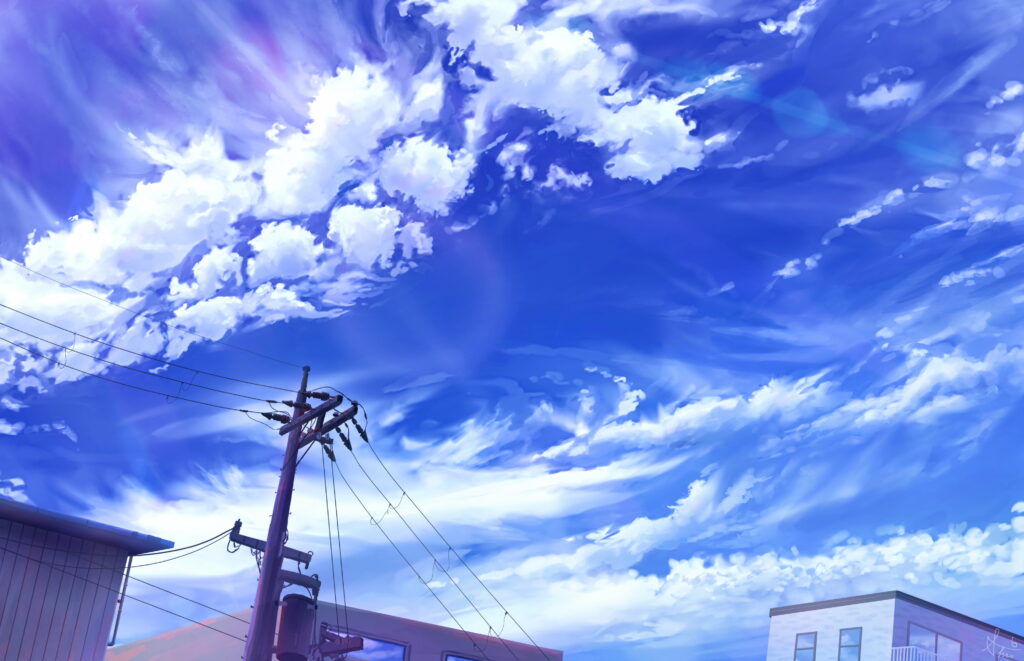 Anime-Inspired HD Wallpaper: Urban Sky with Clouds & Rooftops