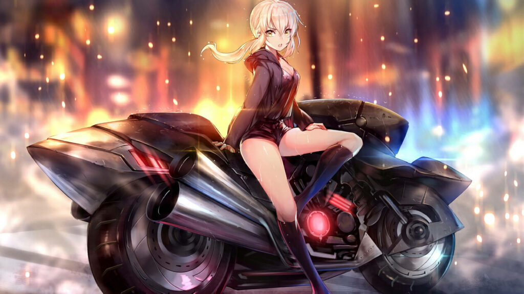 Futuristic Anime Woman on Motorcycle - Vibrant Wallpaper Background