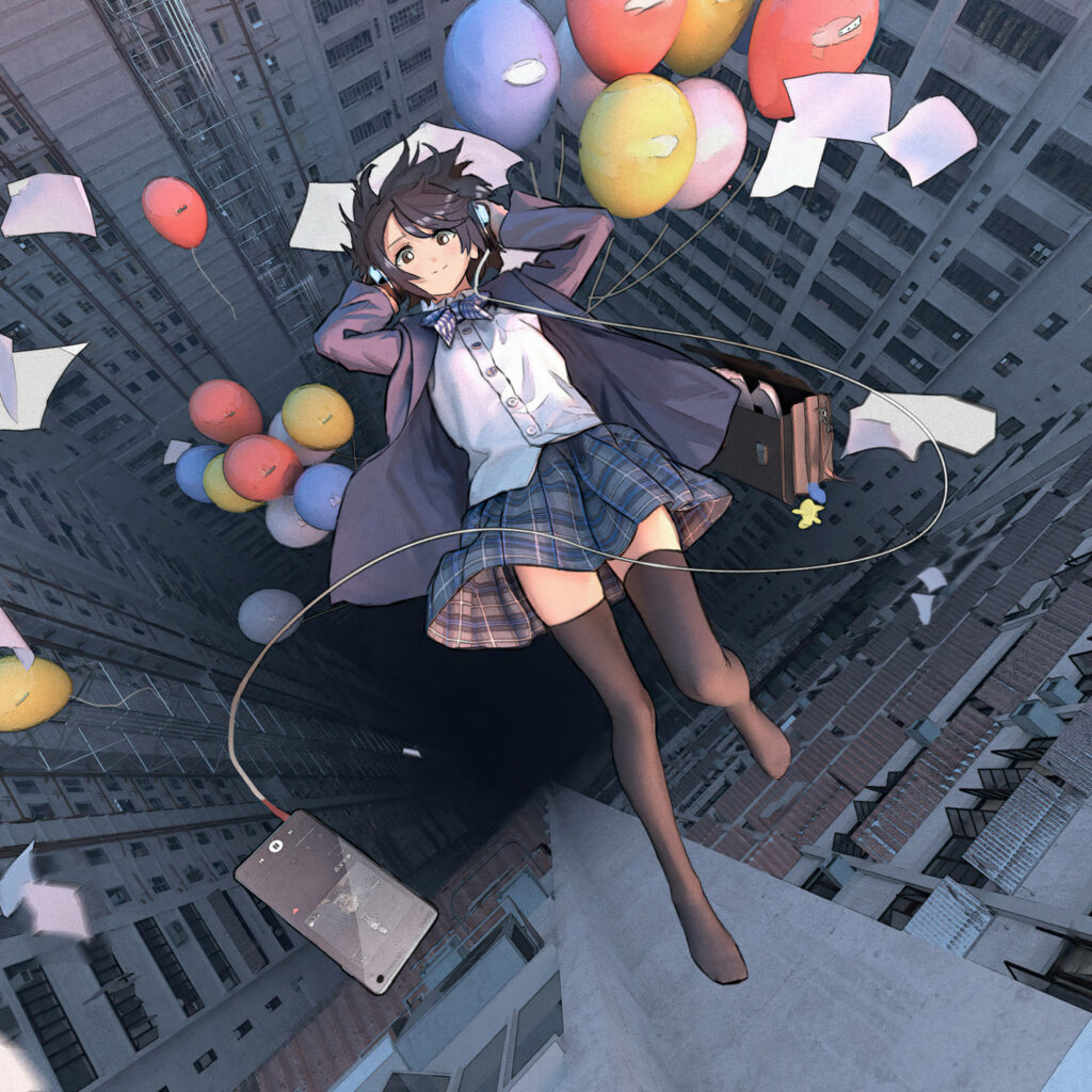 Surreal Anime Wallpaper: Girl Floating with Balloons in Urban Chasm