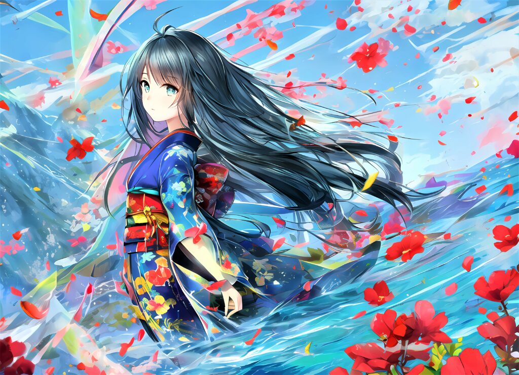 Vibrant Anime Girl in Kimono Surrounded by Red Flowers - Stunning Wallpaper