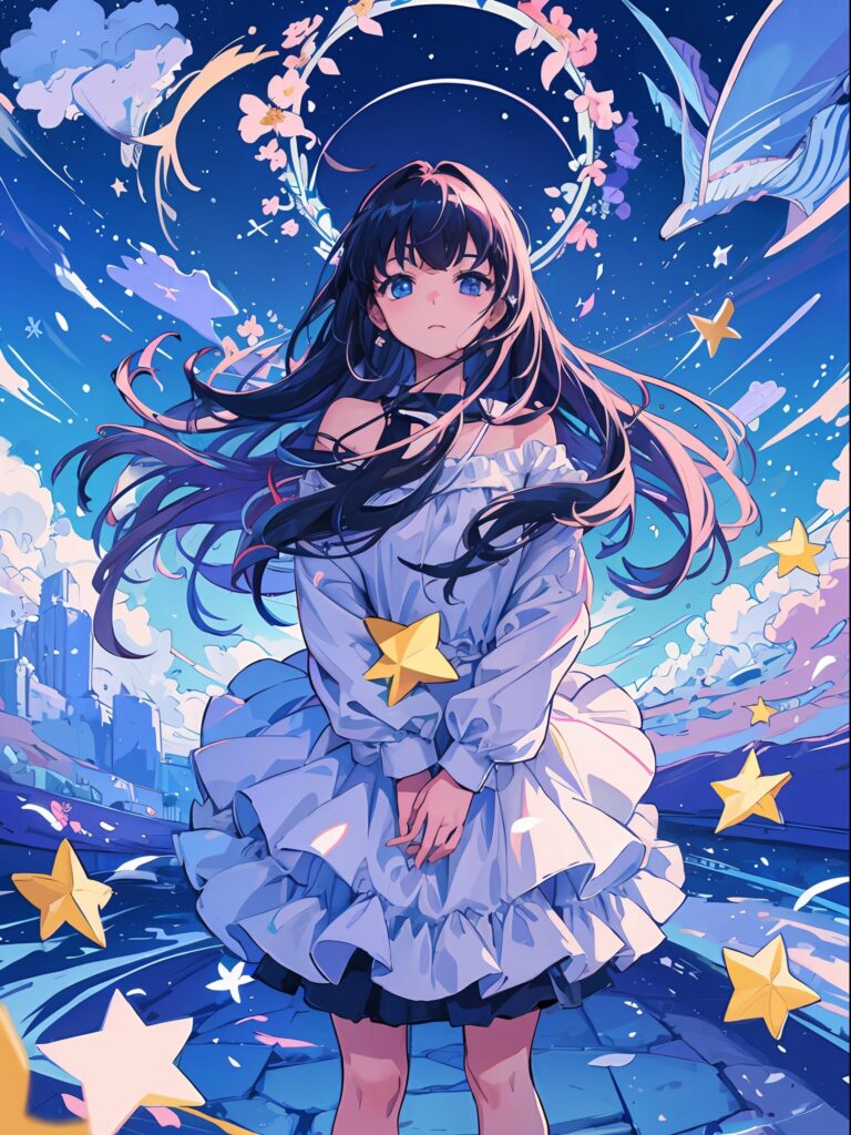 Dreamy Anime Wallpaper: Girl in Starry Dress with Cosmic Backdrop