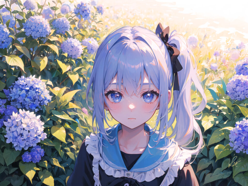 Enchanting Anime Girl in Summer Outfit Amidst Lush Hydrangeas Wallpaper