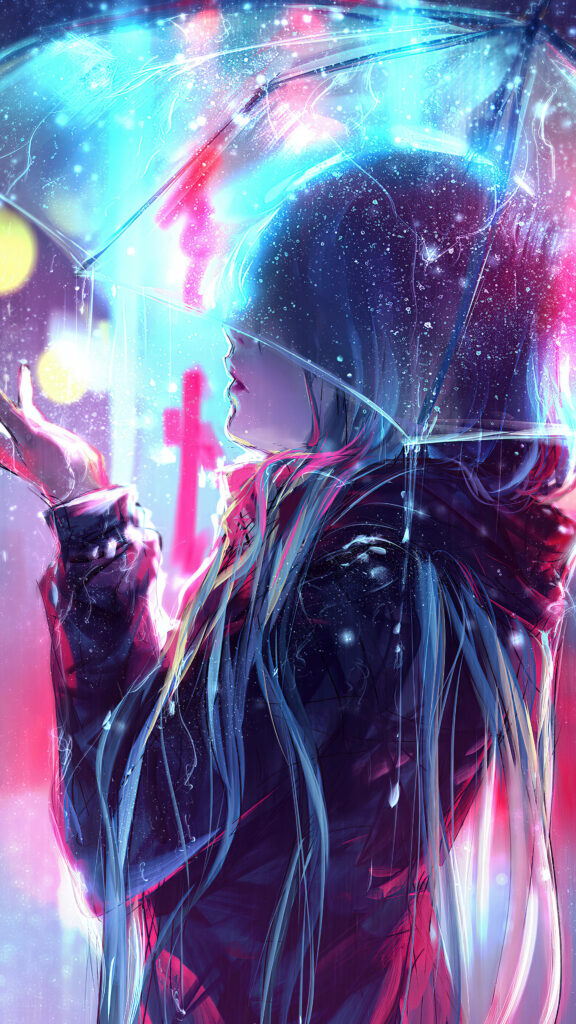 Dreamy Anime Wallpaper: Girl with Umbrella in Neon City Rain