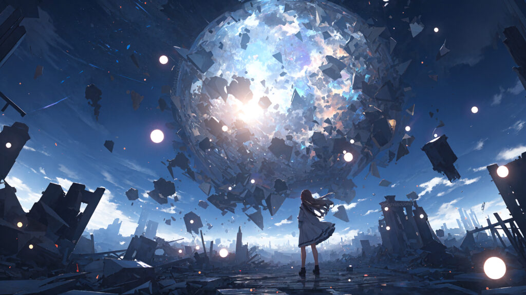 Anime Wallpaper: Silhouetted Girl & Exploding Planet Background