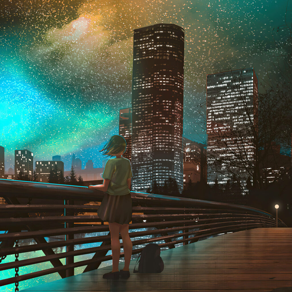 Mesmerizing Anime Wallpaper: Starry Night Over Urban Cityscape