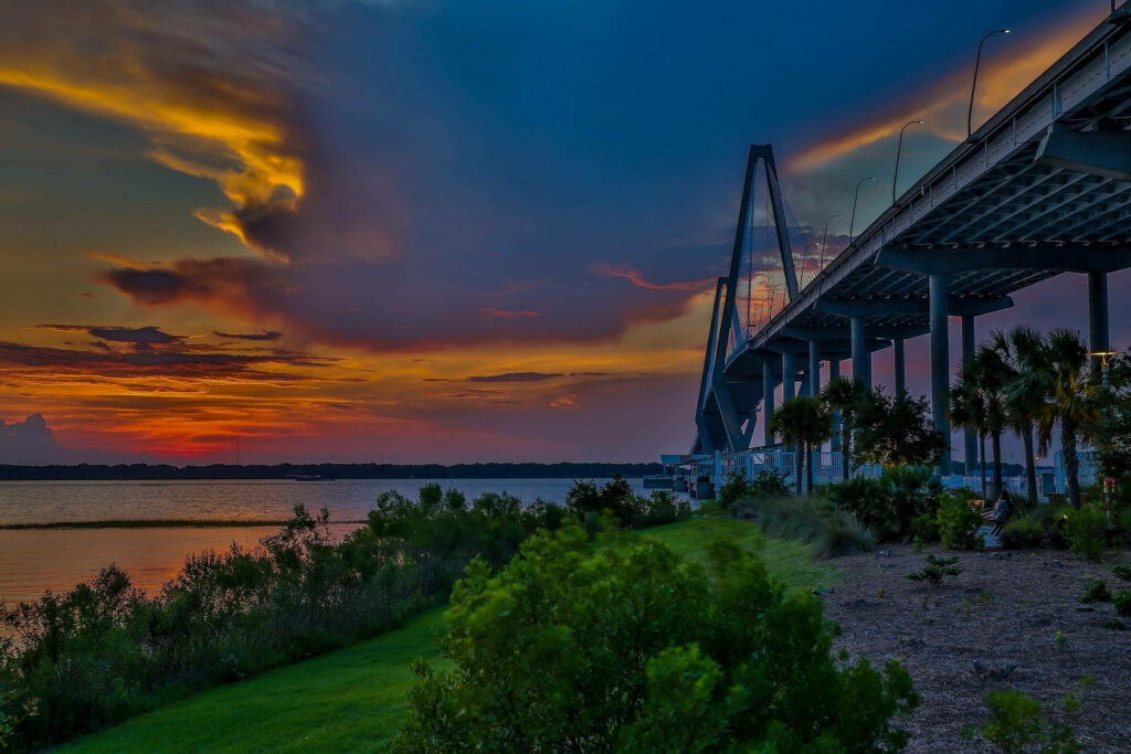 Serene Sunset Over Arthur Ravenel Jr. Bridge in South Carolina Wallpaper