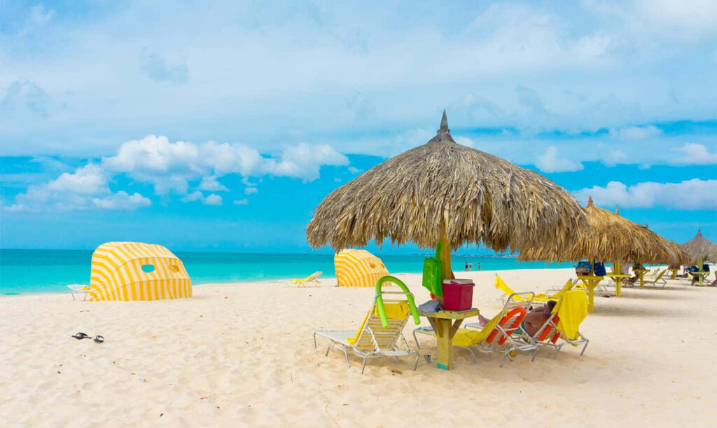 Vibrant Aruba Beach: White Sands & Azure Waters Under Blue Sky Wallpaper
