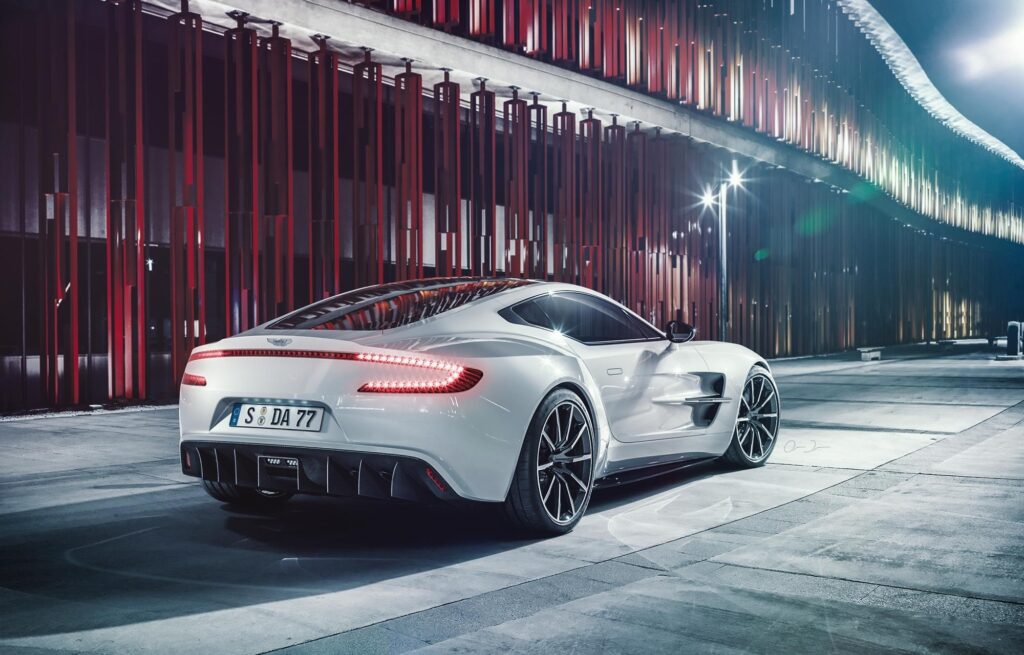 Captivating White Aston Martin One-77: Elegant Rear View Wallpaper