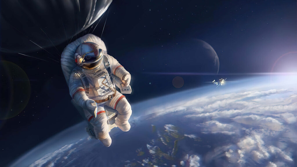 Astounding astronaut wallpaper: floating in space above Earth with distant spacecraft and stars.
