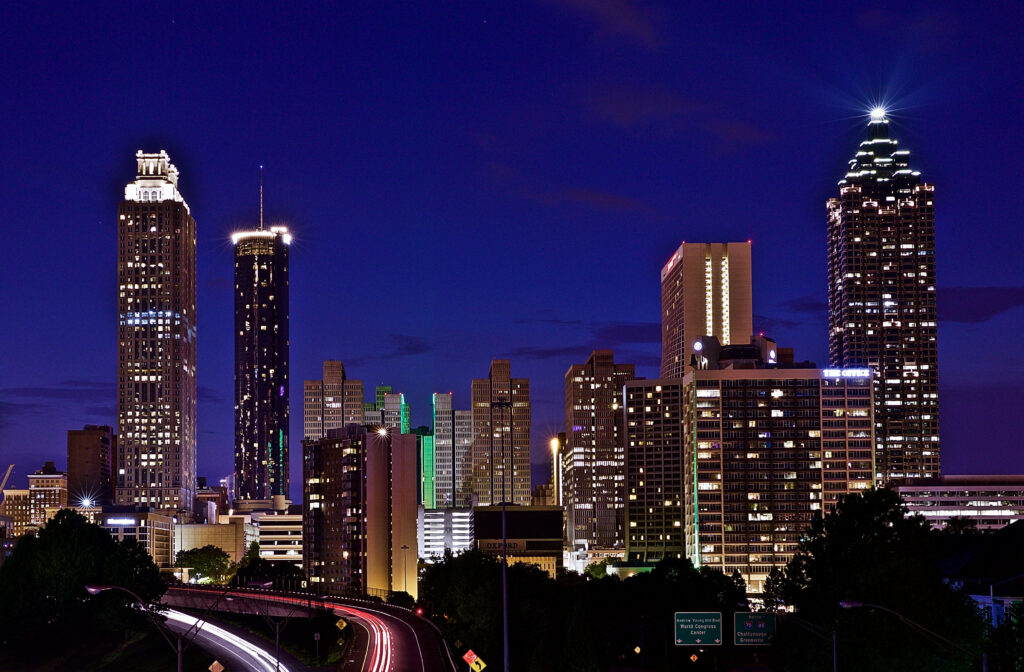 Vibrant Atlanta Skyline Wallpaper: Illuminated Night City View