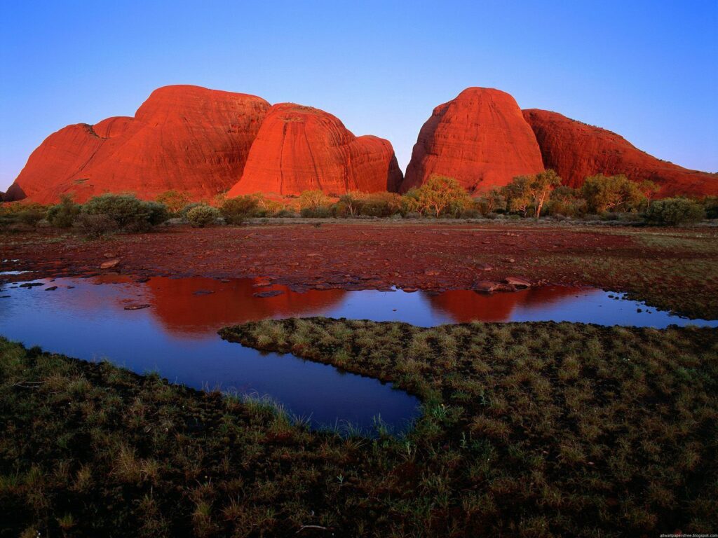 Striking Australian canyons with red rocks green grass and reflective water in warm sunlight wallpaper