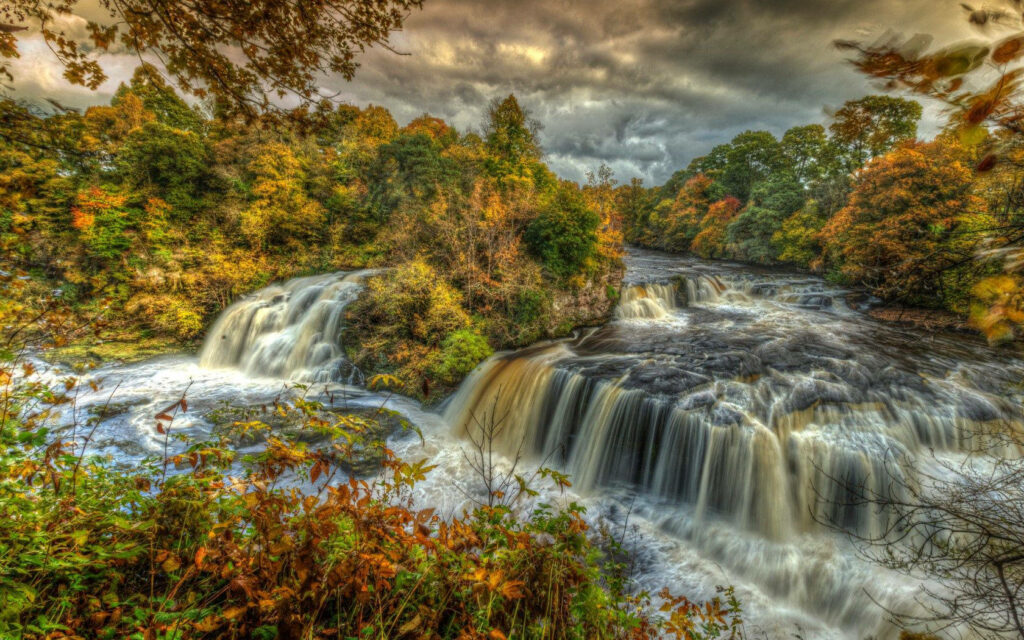 Stunning Autumn Waterfall Wallpaper with Vibrant Fall Foliage