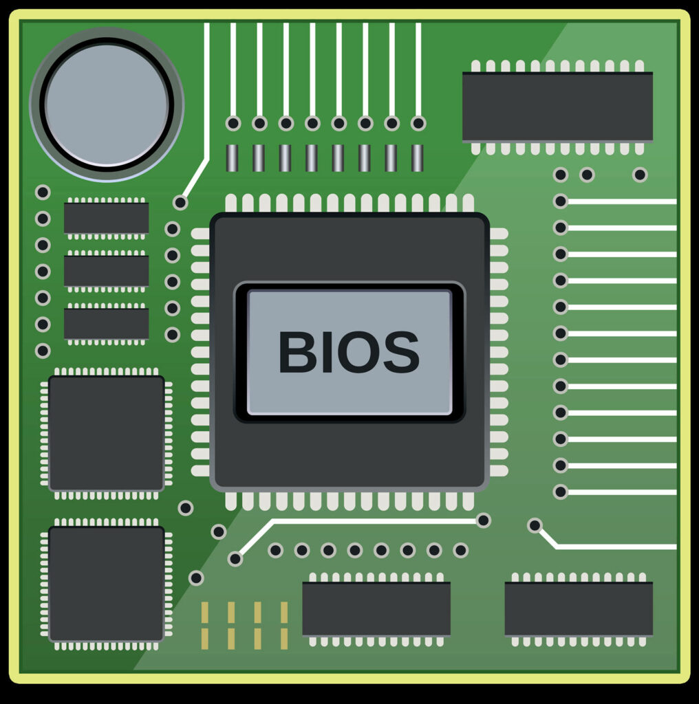 BIOS Chip Digital Wallpaper on Green Circuit Board Background