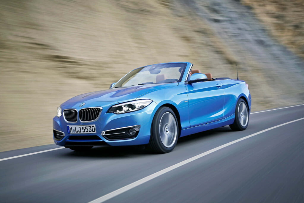 Elegant BMW 2 Series Convertible Wallpaper – Vibrant Blue Road Cruise