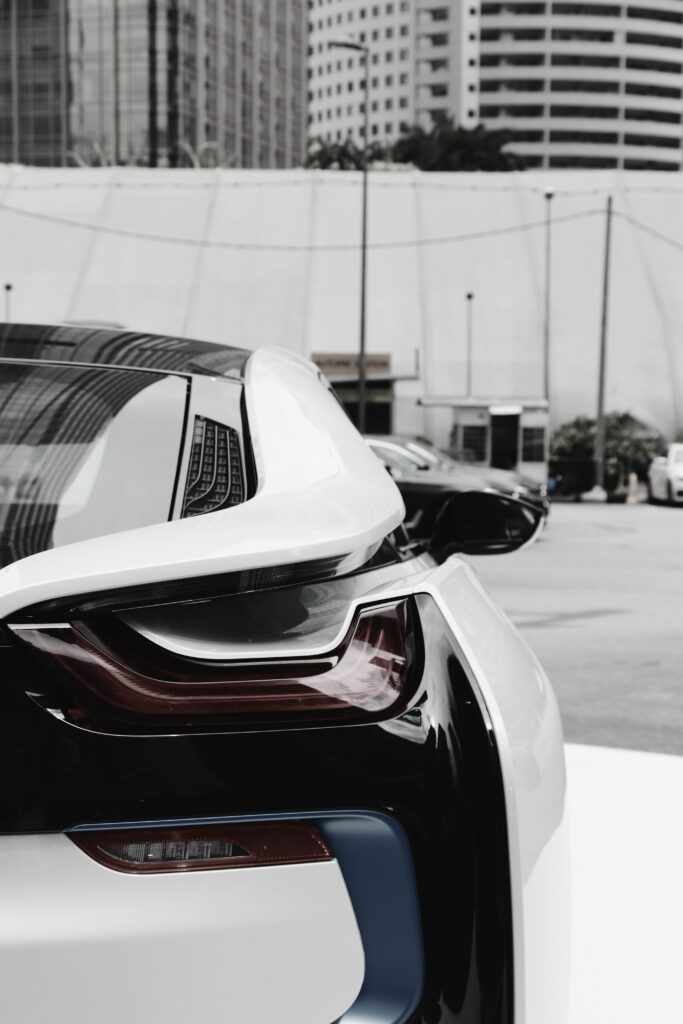 BMW i8 Rear View: Futuristic Luxury Wallpaper in Urban Setting