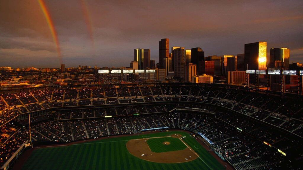 Stunning Baseball Field with Morning Sunlight & Rainbow Wallpaper