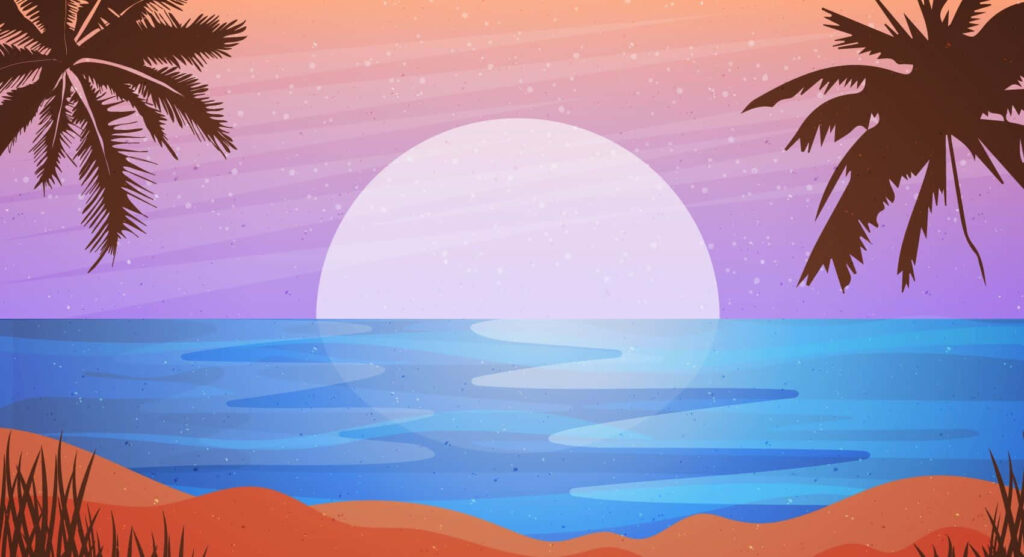 Stunning Beach Sunset Wallpaper: Vibrant Hues & Palm Tree Silhouette