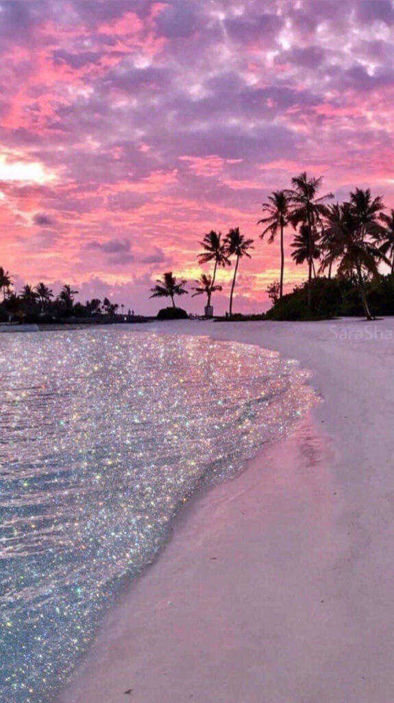 Stunning Pastel Beach Sunset Wallpaper with Palm Tree Silhouettes