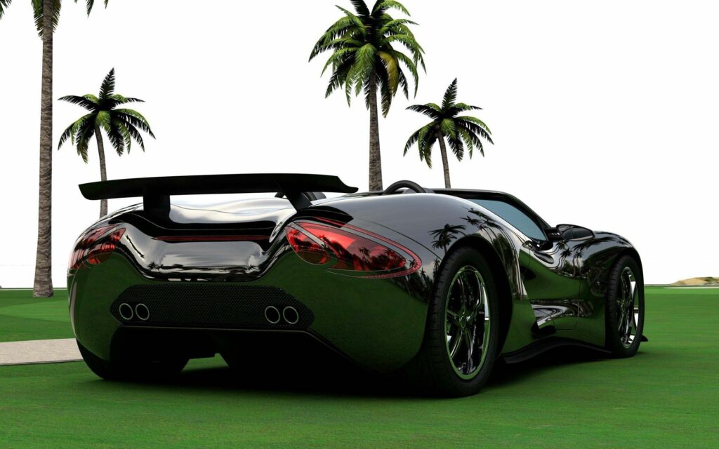 Sleek Black Convertible Sports Car Wallpaper with Palm Trees