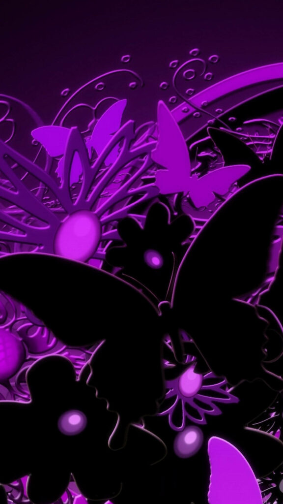 Elegant Black & Purple Butterfly Wallpaper with Floral Designs
