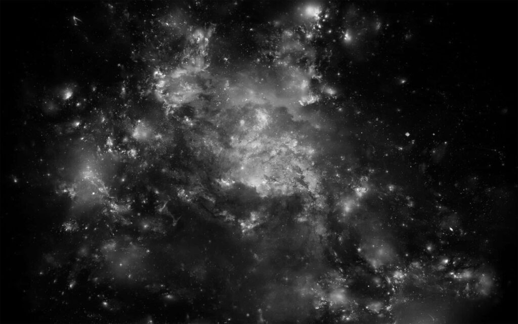 Stunning black-and-white cosmic wallpaper featuring interstellar clouds and star clusters.