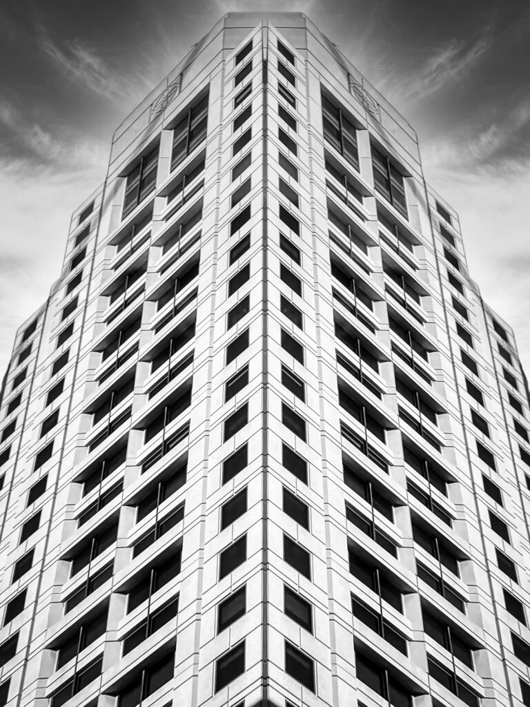 Striking Black and White High-Rise Wallpaper with Geometric Design