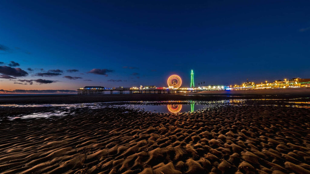 Vibrant Evening at Blackpool: Tower & Big Wheel Illuminate Central Pier Wallpaper