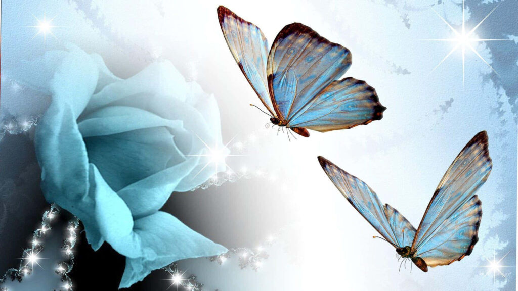 Artistic Blue Butterfly & Rose Wallpaper - Vibrant, Radiant Design