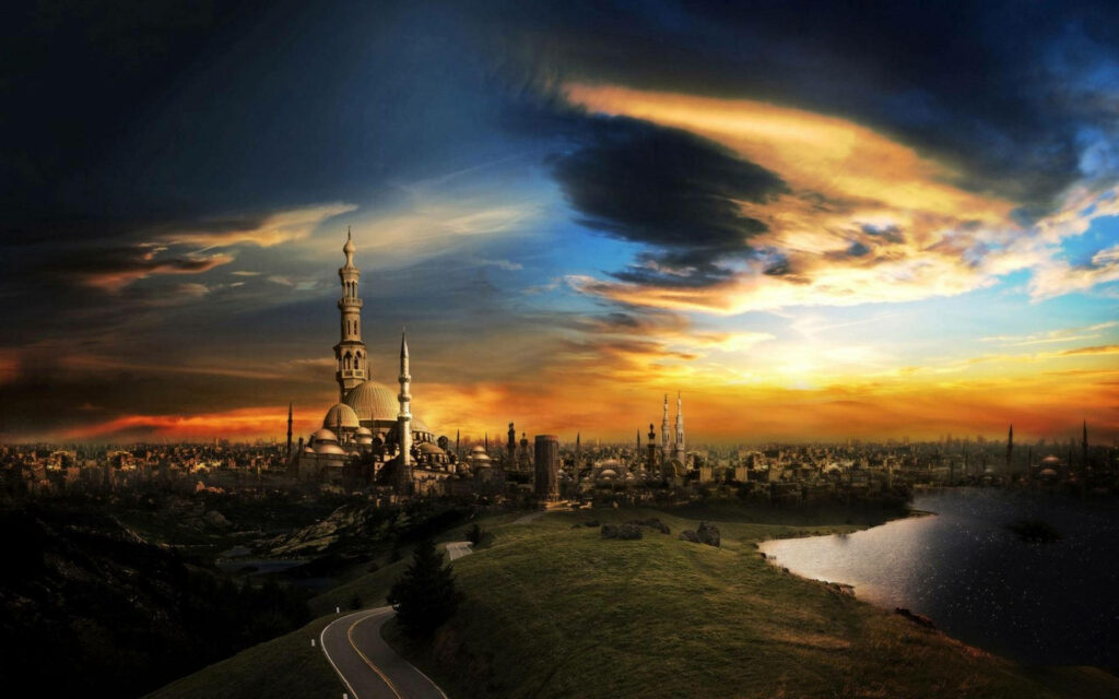 Serene Blue Mosque Wallpaper: Stunning Sunset Sky in Istanbul