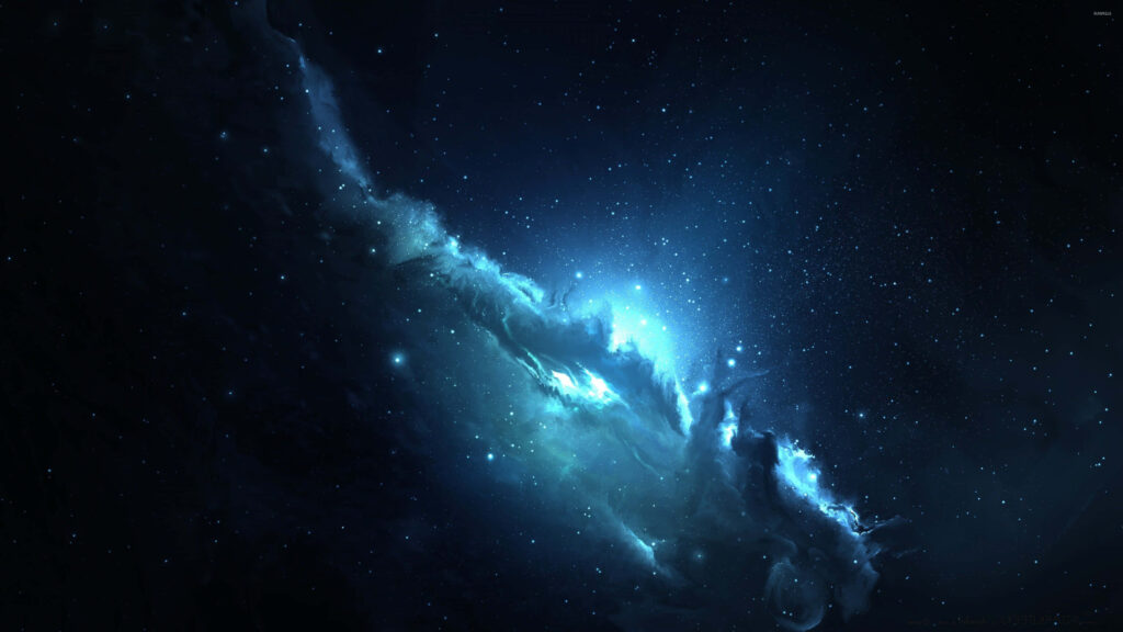 Stunning blue nebula wallpaper set in a starry cosmic background, showcasing space's beauty.
