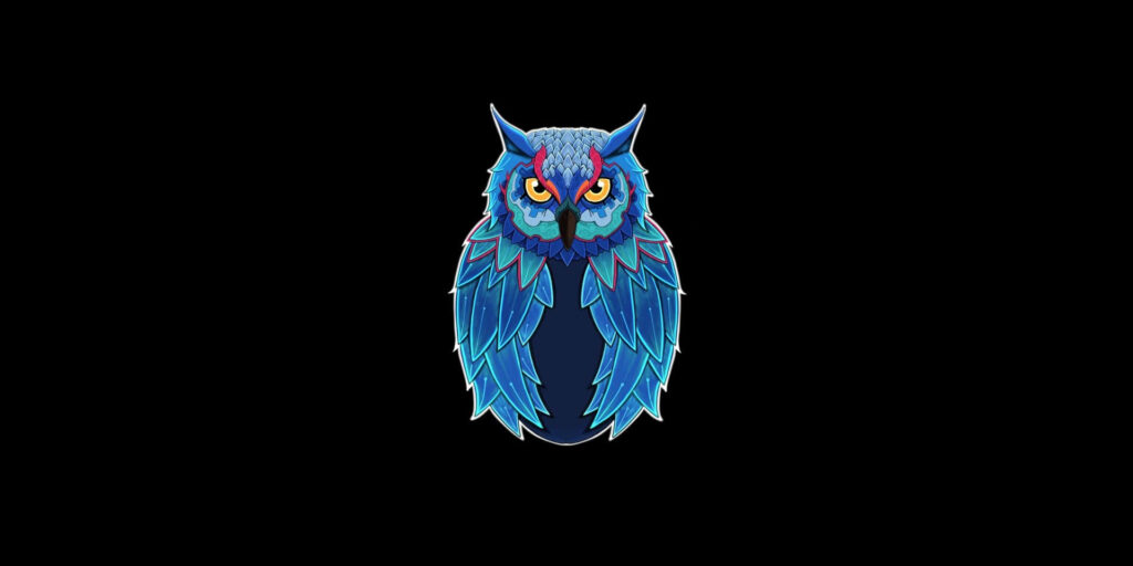 Stylized Blue Owl Wallpaper: Intricate Feathers on Black Background