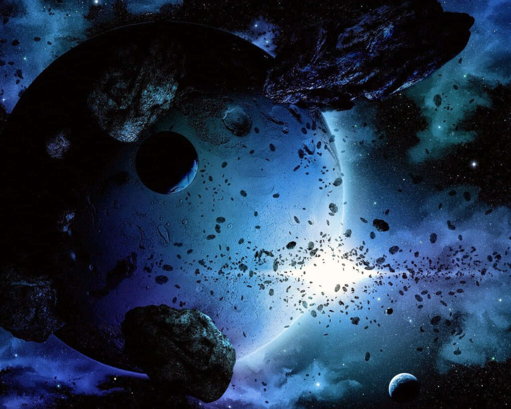 Serene Blue Planet Wallpaper with Asteroids in Cosmic Space
