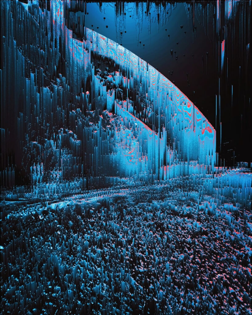 Futuristic Abstract Digital Wallpaper: Blue & Red Vertical Stripes