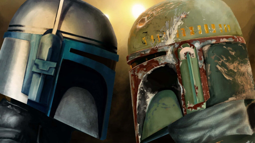 Dynamic Boba Fett & Mandalorian Helmet Wallpaper Close-Up
