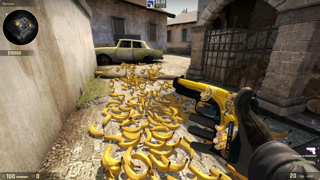 Banana-rama: A Mind-Blowing Snapshot of CS:GO Character Wielding a Fruit Weapon amidst Banana Clutter Wallpaper
