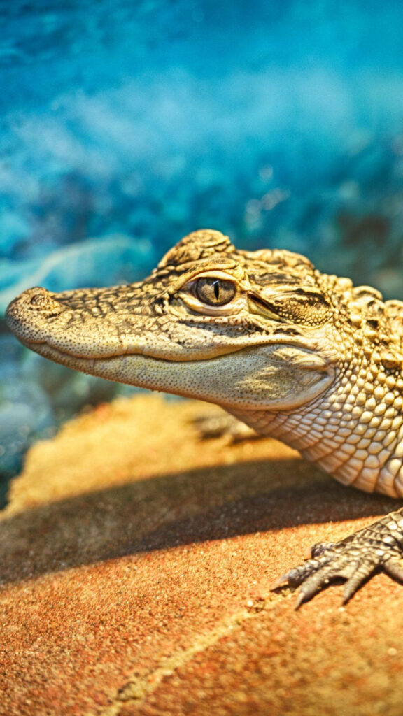 Close-Up Caiman Wallpaper: Detailed Scales & Striking Blue Background
